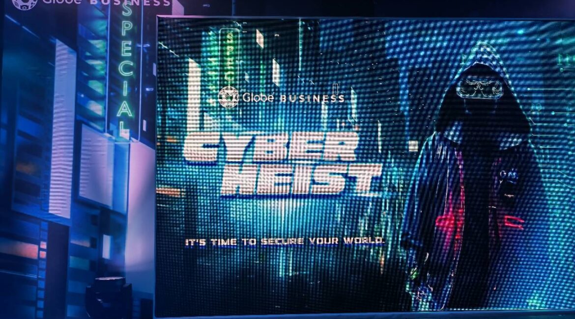 Cybersecurity event display with digital hacker theme.