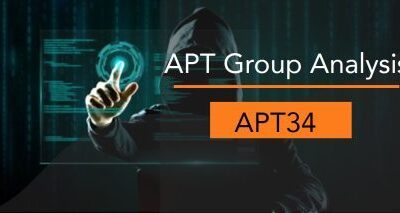 Hacker interacting with digital interface, APT34 analysis.