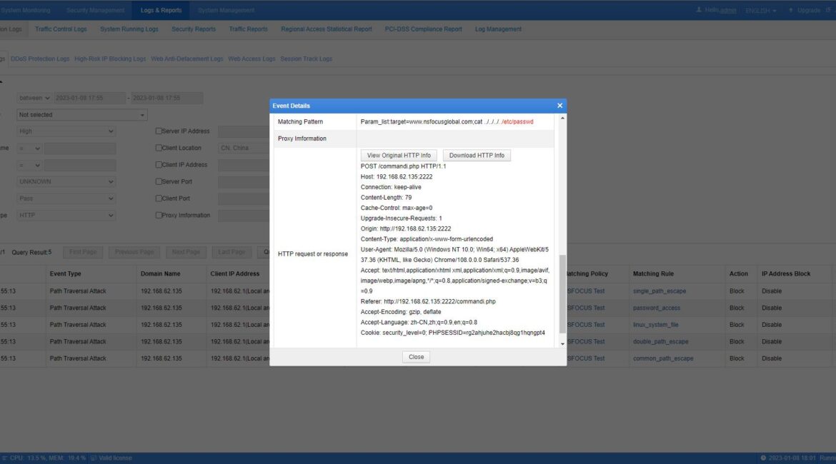 Web interface with security alert details.