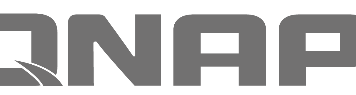 QNAP logo in gray on black background.