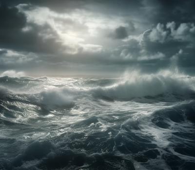 Stormy sea under a dramatic cloudy sky.