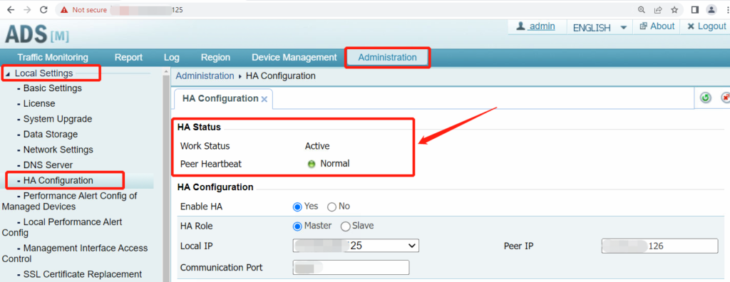 HA configuration interface with active status.