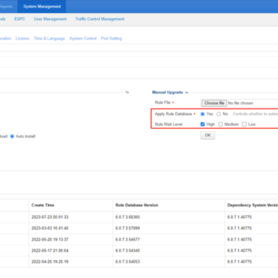 WAF system management interface with update settings.