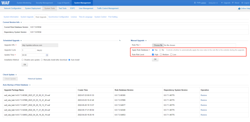 WAF system management interface with update settings.