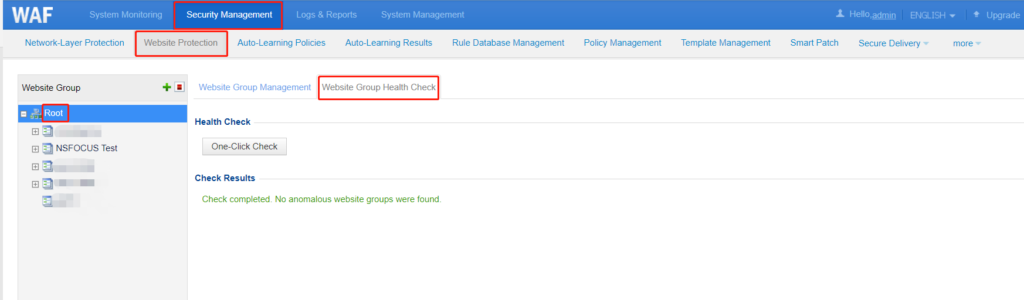 Website group health check interface screenshot.
