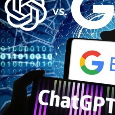 Uma imagem que ilustra duas IA, o Google Bard e o ChatGPT.