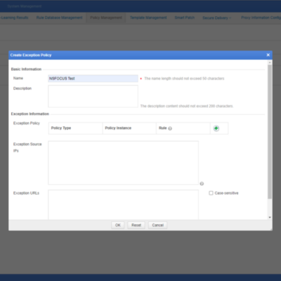 Web application firewall exception policy dialog.