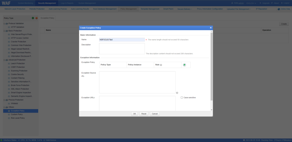 Web application firewall exception policy dialog.