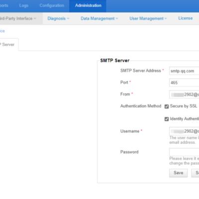 SMTP server configuration settings on screen.