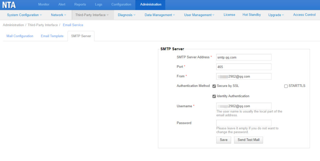 SMTP server configuration settings on screen.