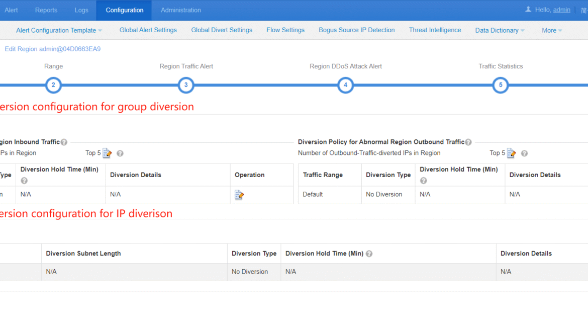 Network diversion policy configuration interface screenshot.
