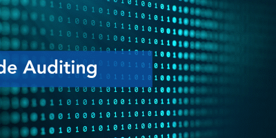 Code auditing text over binary code background.