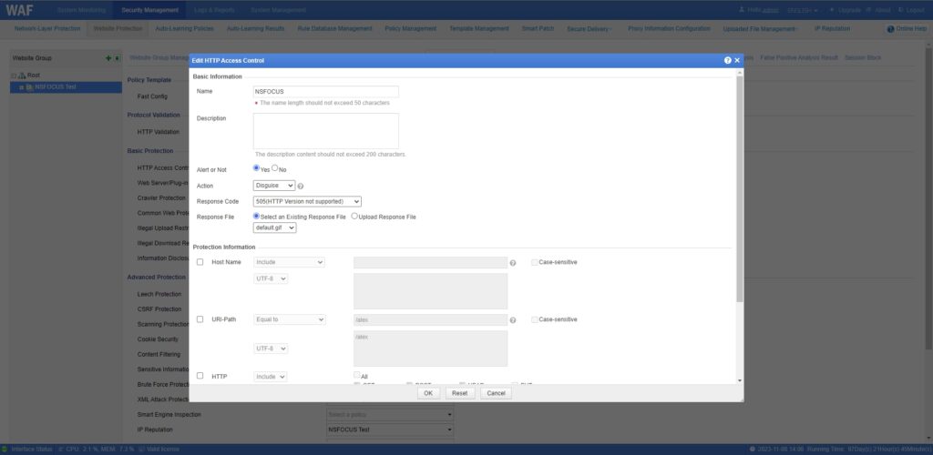 Web application firewall settings configuration window.