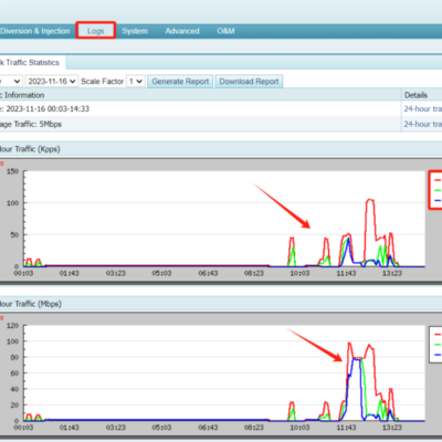 Network traffic statistics graphs and logs interface.