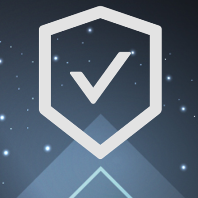 Checkmark inside shield on starry background.