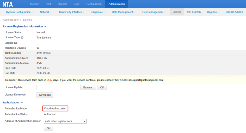 License registration and authentication information screen.