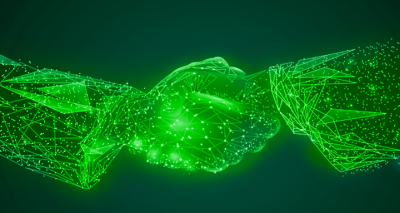 Digital handshake with green glowing wireframe.