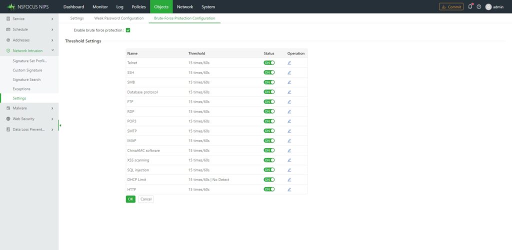Network protection configuration threshold settings dashboard.