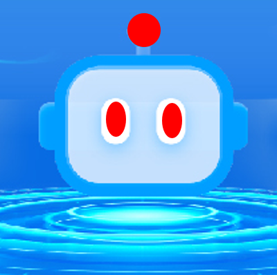 Robot icon with red eyes on blue background.