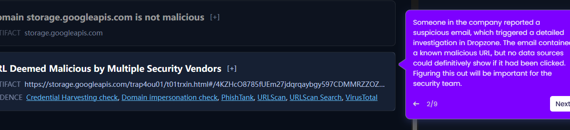 Security alert with suspicious email investigation details.