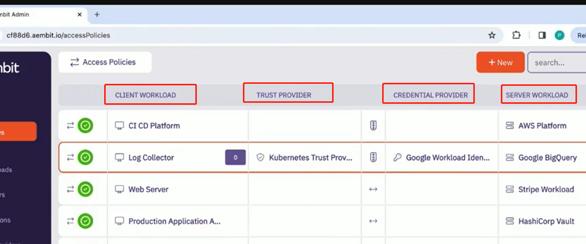 Dashboard showing access policies and workload details.