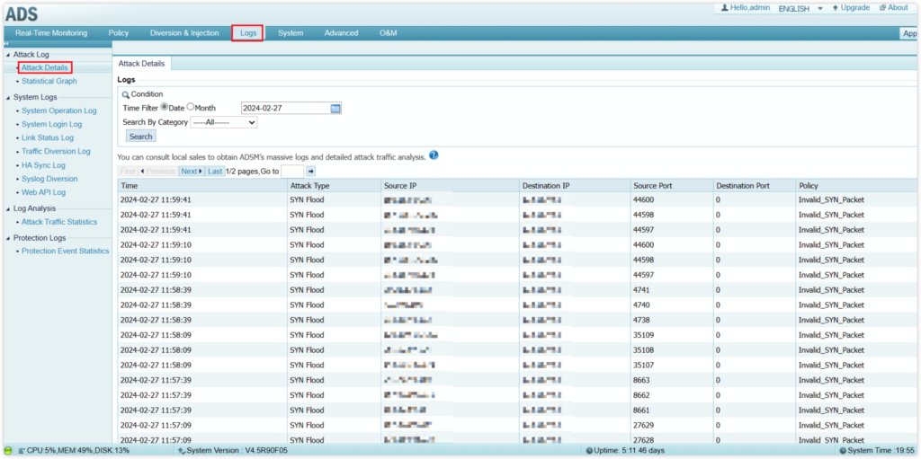Network attack logs and IP details displayed.