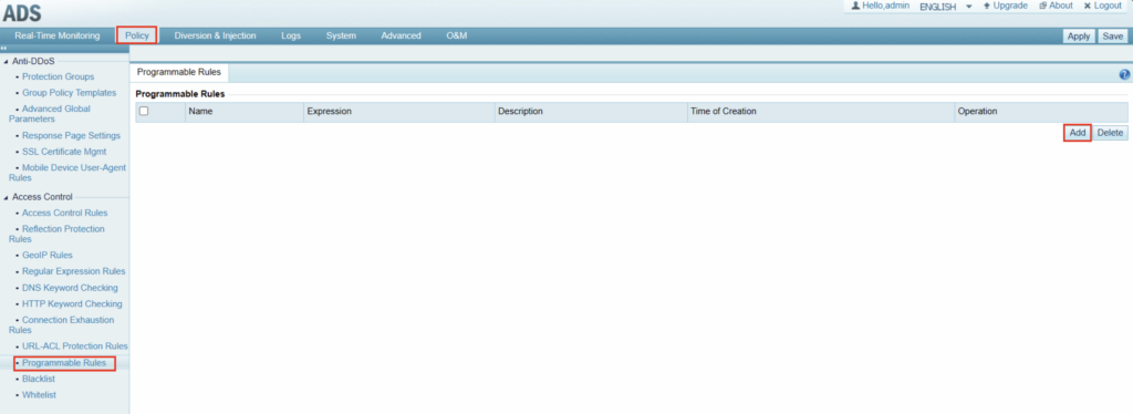 Software interface showing programmable rules settings.