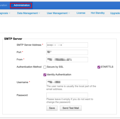 SMTP server configuration settings on web interface.