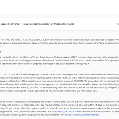Microsoft Azure service disruption mitigation statement screenshot.