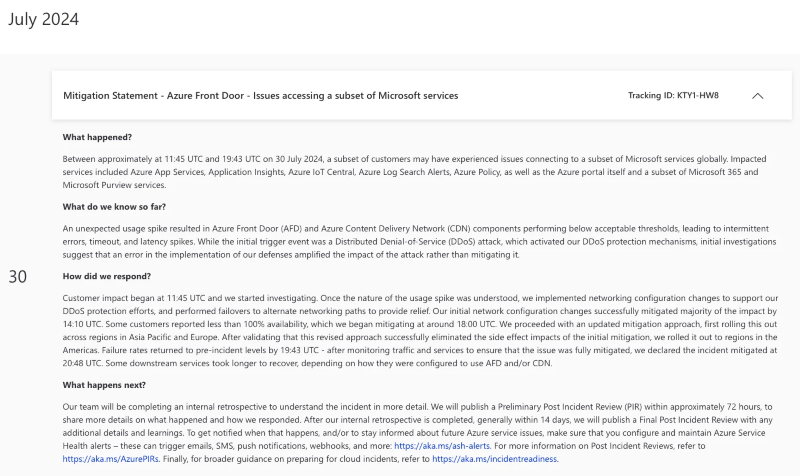Microsoft Azure service disruption mitigation statement screenshot.