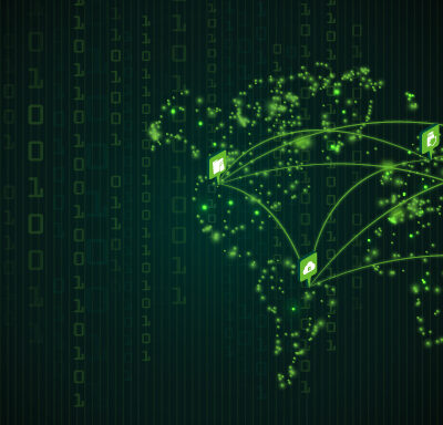 Digital network connections visualized over a glowing world map with matrix code.