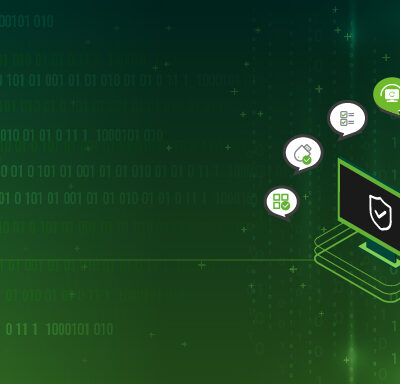 Digital security icons connected to a laptop on a green background.