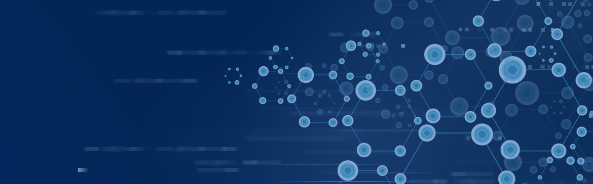 Abstract blue molecular network with interconnected nodes on dark background.