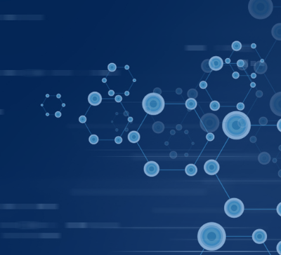 Abstract blue molecular network with interconnected nodes on dark background.