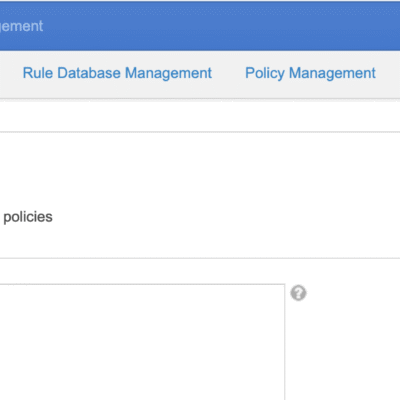 Screenshot of a web interface for creating new rules with fields for name, description, and policy selection.