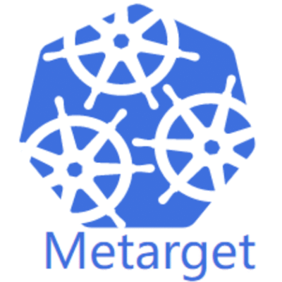 Logo with three white ship wheels and the word Metarget.
