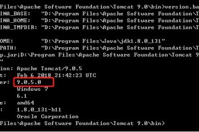 Command-line output showing Apache Tomcat version 9.0.5 details.