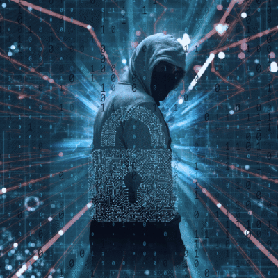 A hooded figure representing a cyber hacker in a digital environment.
