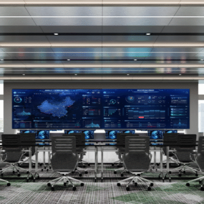 Modern control room with large digital screens and ergonomic chairs.