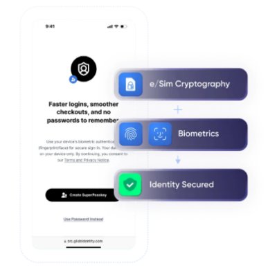 Mobile app login screen with cryptography, biometrics, and identity security features.