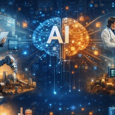 Imagem de empresa de vários setores e inteligência artificial.